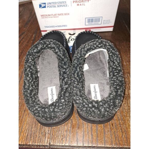 New 9-10 Dearfoams Memory Foam Black Grey Slip On Slippers House Shoes NWT - Picture 9 of 11